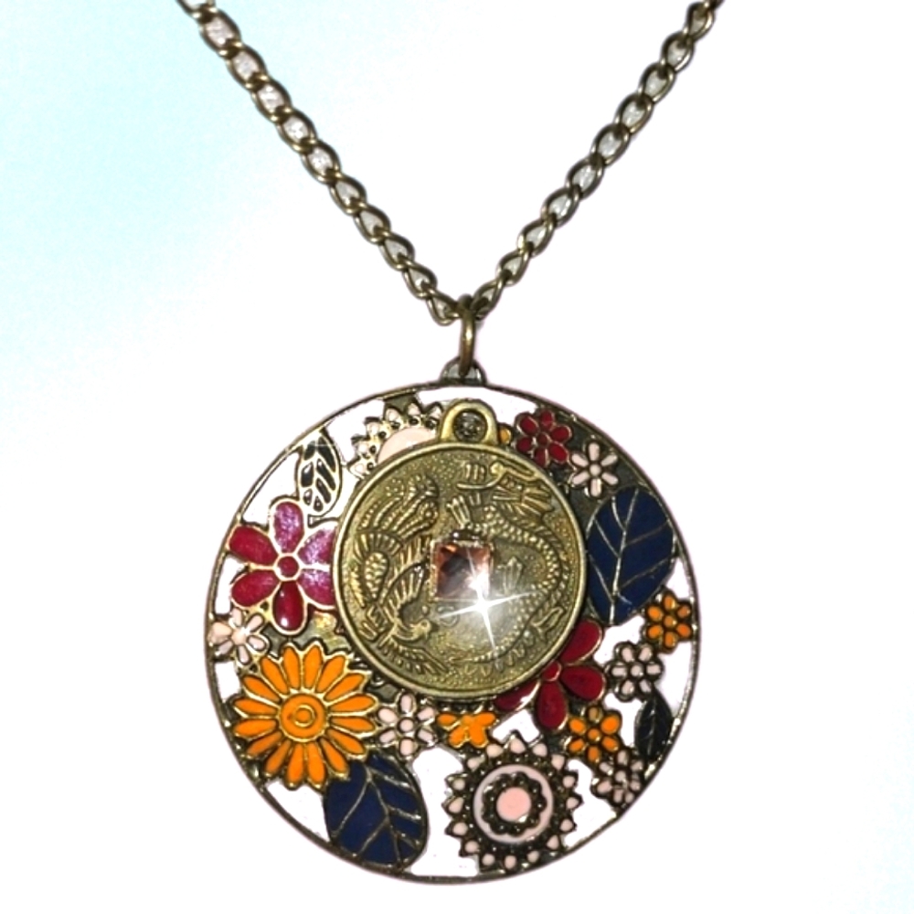 Enamel Floral Open-work Gold Pendant w/ Foreign Coin